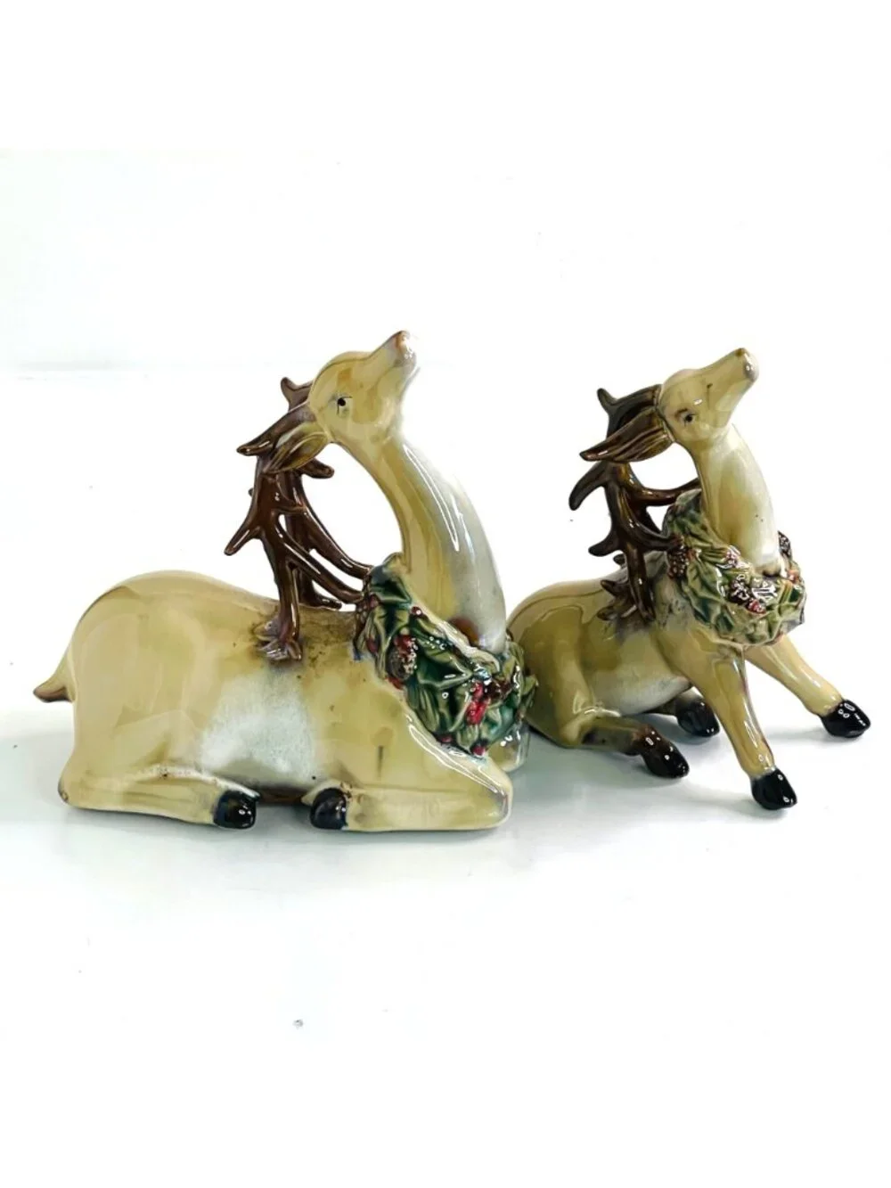 Vintage Ceramic Reindeer Figurines Tii Collection Pristine 2pc Set Resting Deer